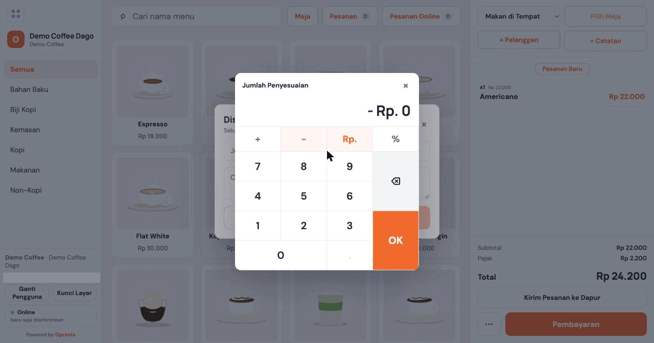 Keypad Jumlah Penyesuaian dengan pilihan plus dan minus, Rp dan persen, serta tombol angka dan OK
