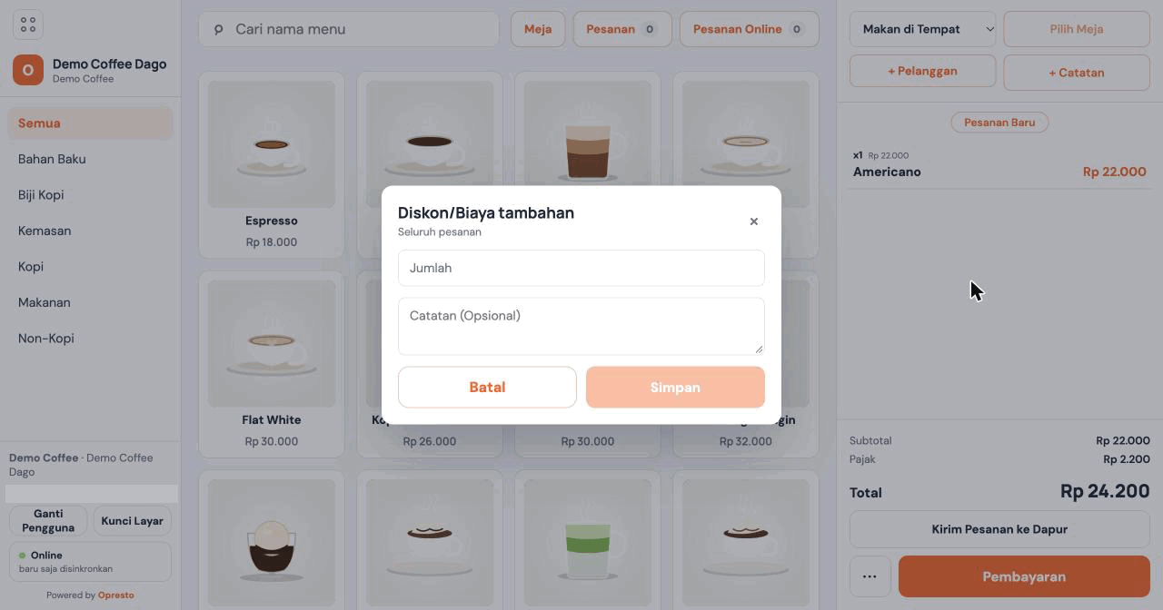 Jendela Diskon atau Biaya tambahan untuk seluruh pesanan dengan kolom Jumlah dan Catatan