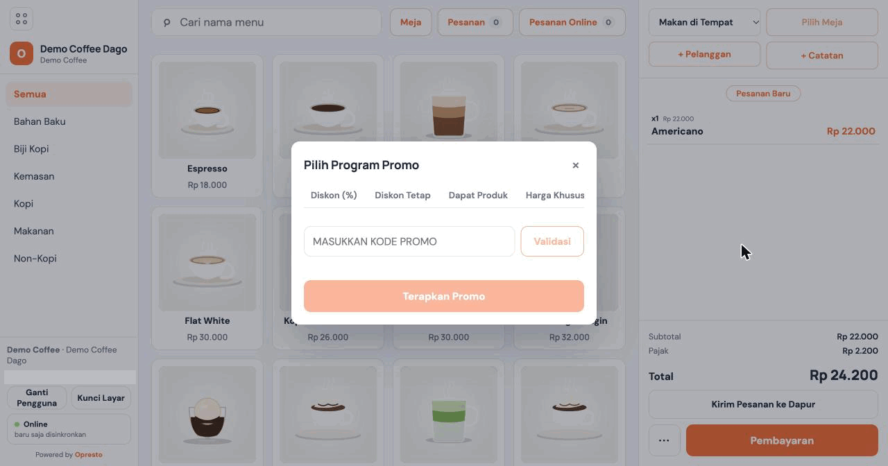 Jendela Pilih Program Promo dengan tab jenis promo, kolom kode promo dengan tombol Validasi, dan tombol Terapkan Promo