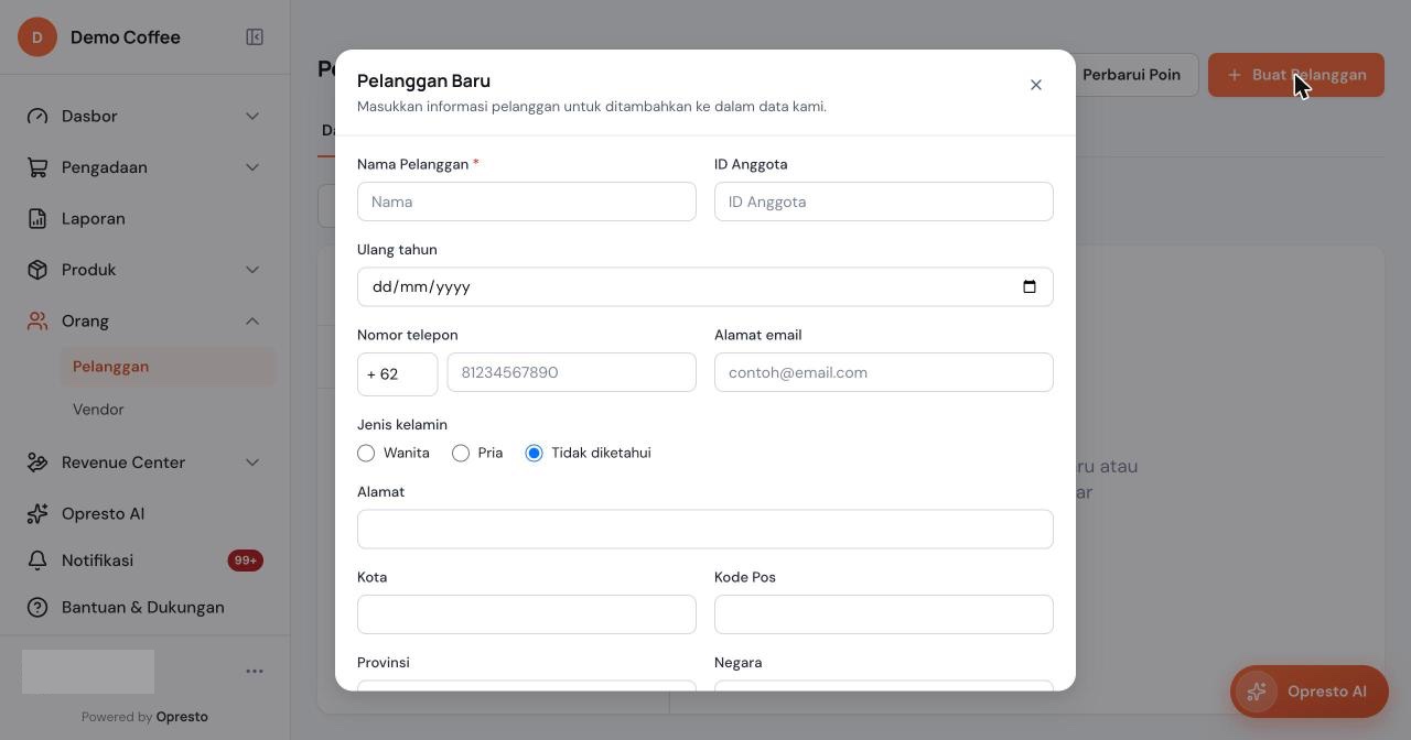 Formulir Pelanggan Baru dengan kolom nama, ID anggota, ulang tahun, nomor telepon, email, jenis kelamin, dan alamat