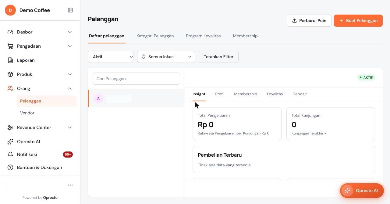 Halaman Pelanggan dengan daftar di kiri dan detail di kanan, tab Insight, Profil, Membership, Loyalitas, dan Deposit, serta tombol Perbarui Poin dan Buat Pelanggan