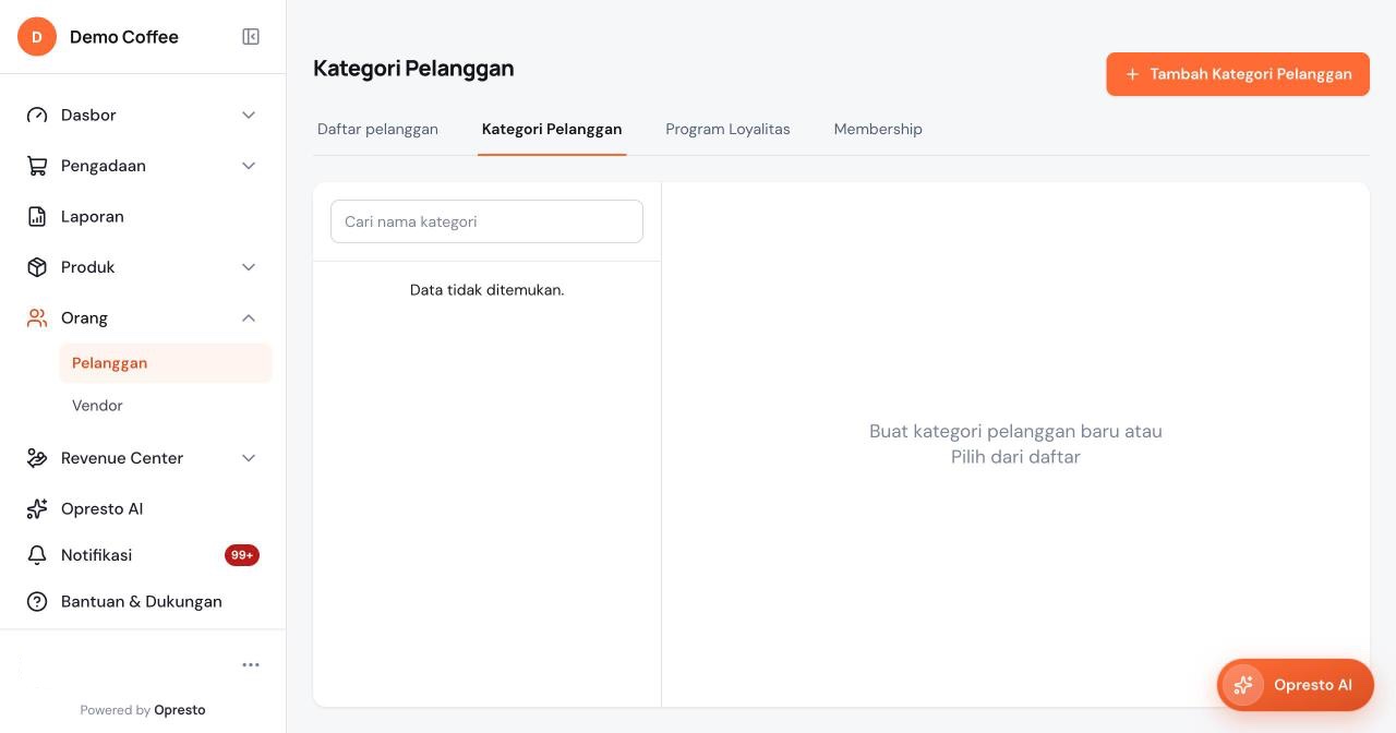 Tab Kategori Pelanggan dengan kolom pencarian dan tombol Tambah Kategori Pelanggan