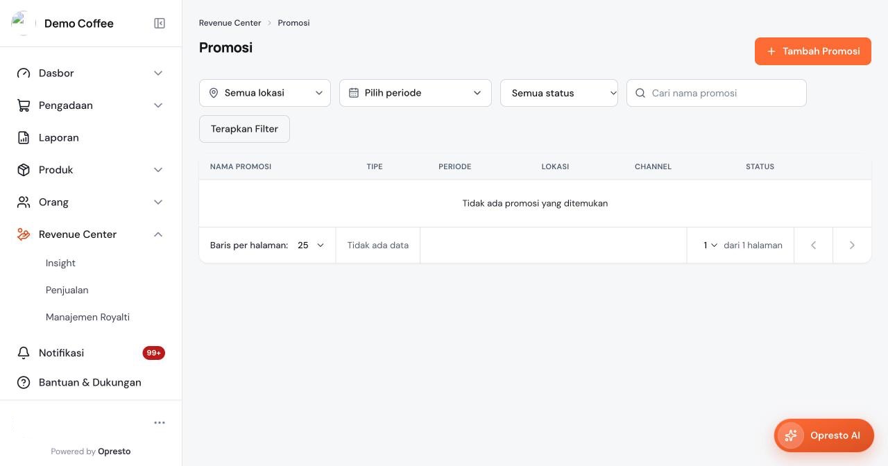 Halaman Promosi dengan filter lokasi, periode, status, kolom pencarian, dan tombol Tambah Promosi