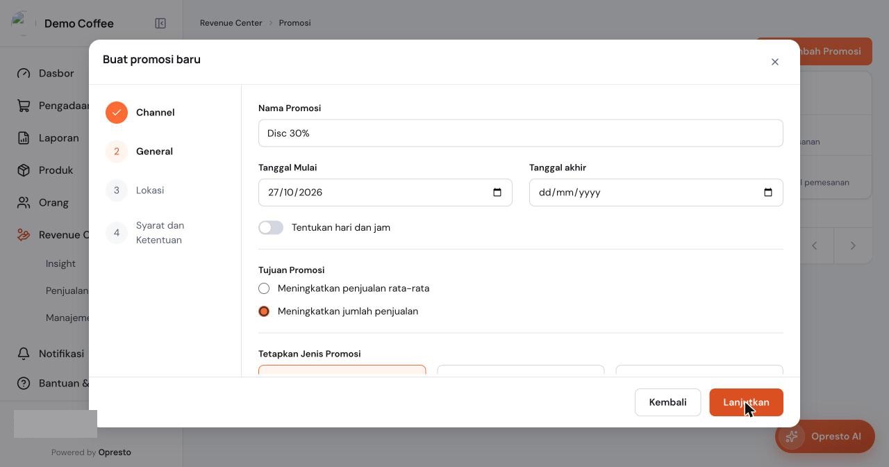 Langkah General dengan nama promosi, tanggal mulai dan akhir, sakelar Tentukan hari dan jam, serta Tujuan Promosi