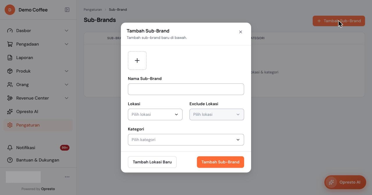 Jendela Tambah Sub-Brand dengan kotak logo, nama sub-brand, lokasi, exclude lokasi, dan kategori