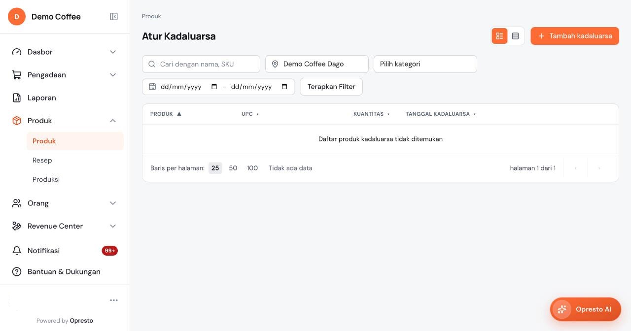 Halaman Atur Kadaluarsa dengan kolom pencarian, filter lokasi, kategori, dan tanggal, serta tombol Tambah kadaluarsa