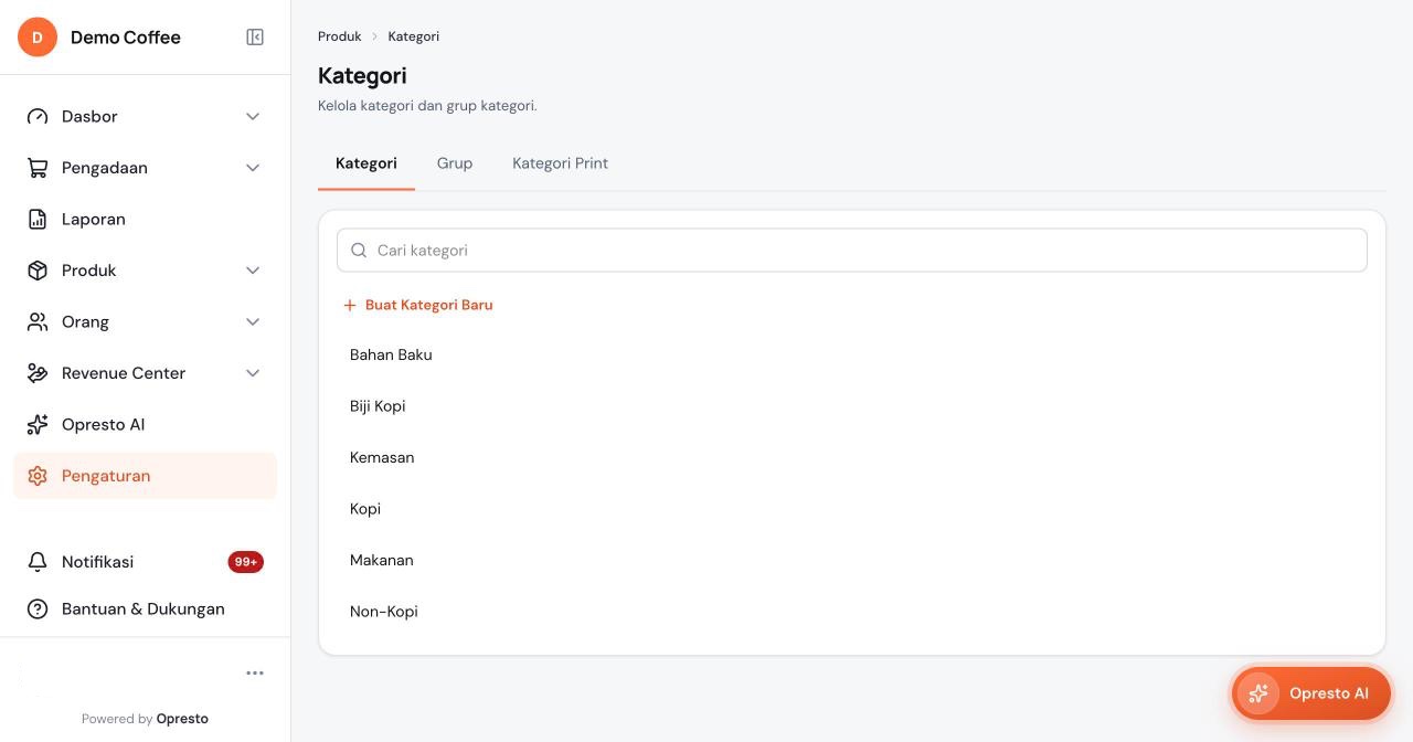 Halaman Kategori dengan tab Kategori, Grup, dan Kategori Print, kolom pencarian, tombol Buat Kategori Baru, dan daftar kategori